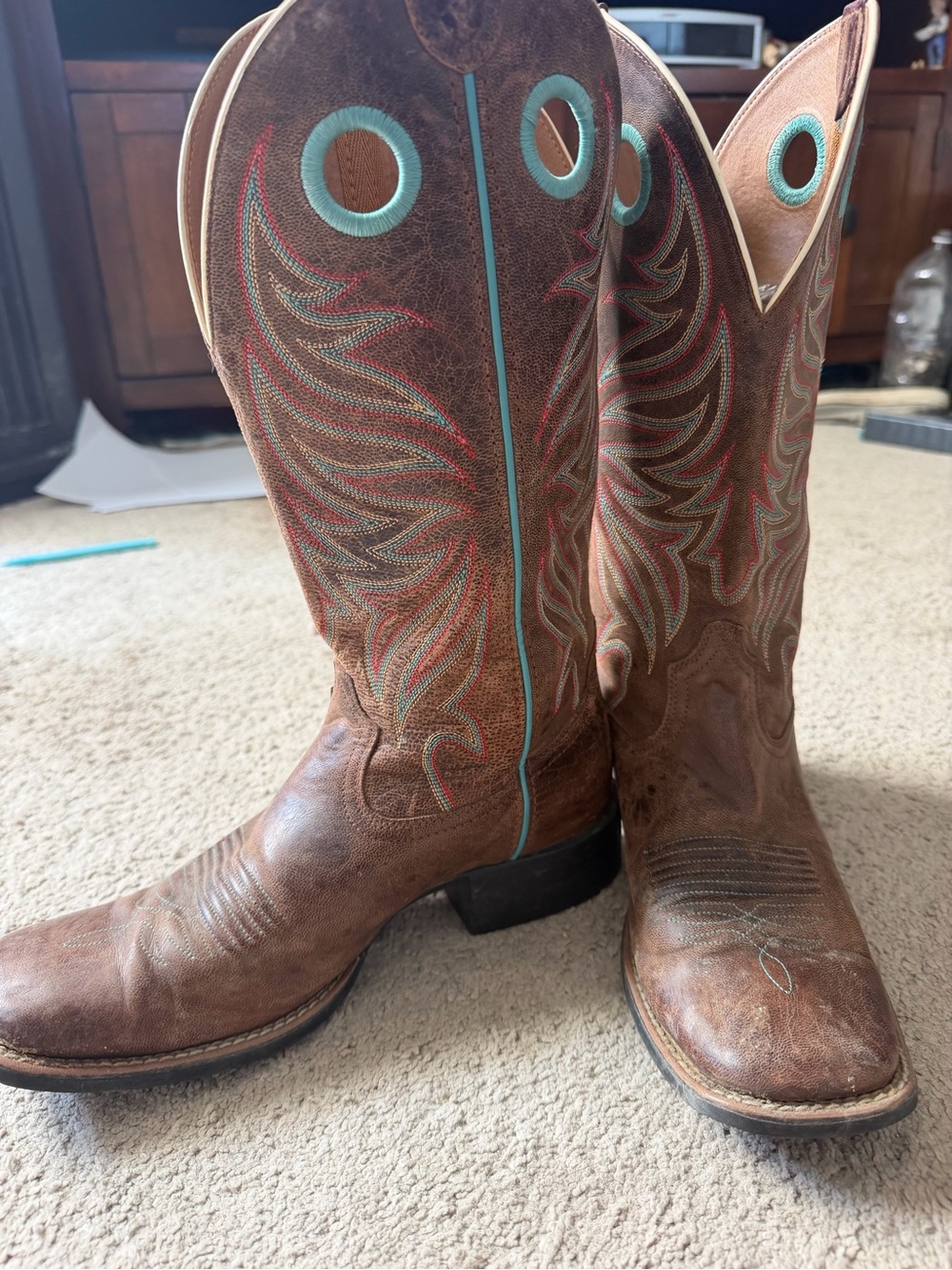 Ariat Brown Leather Western Boots with Turquoise and Coral Stitching